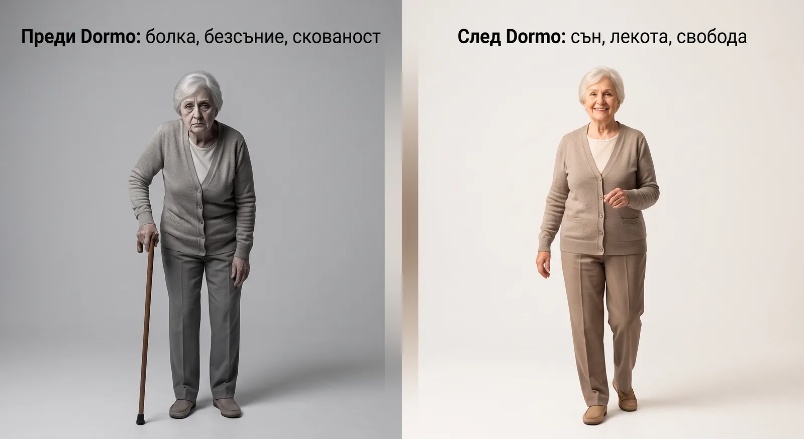 Преди Dormo: болка, безсъние, скованост. След Dormo: сън, лекота, свобода